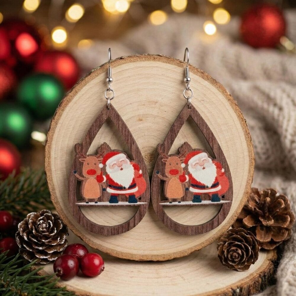 Santa Claus and Rudolph Earrings: Lightweight Wooden Teardrop Christmas Dangles